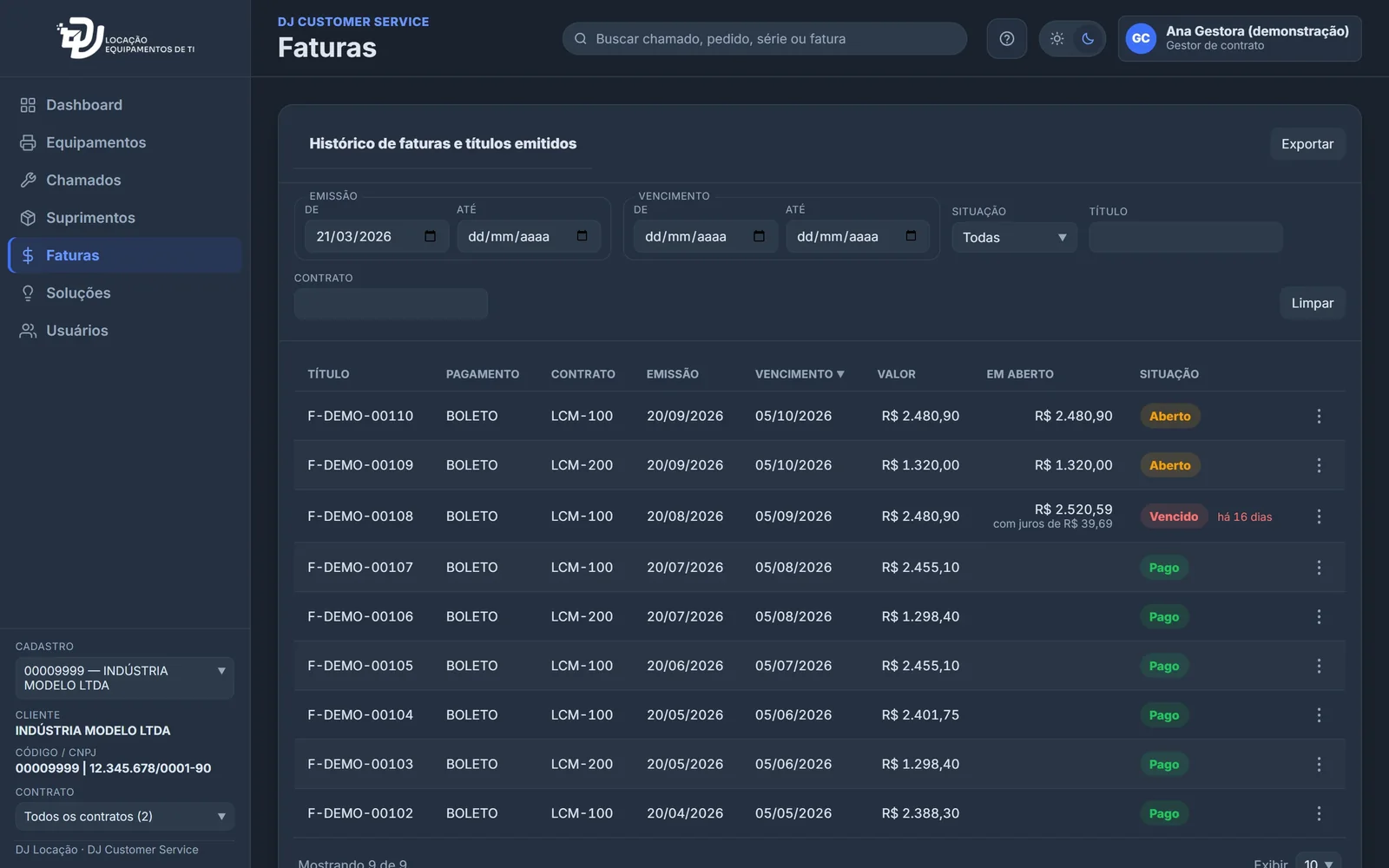 Histórico de faturas com título, contrato, emissão, vencimento, valor e situação